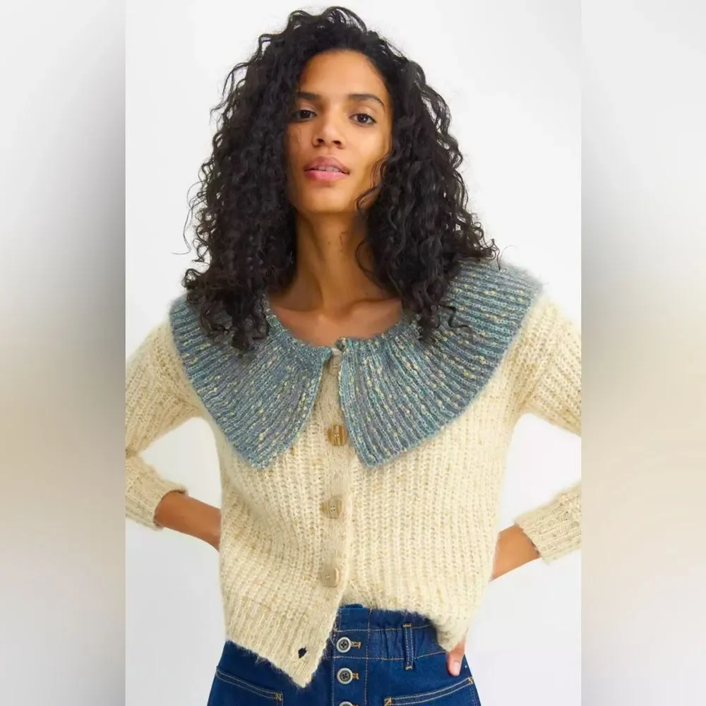 Anthropologie Raga Dorothy Beige Peter Pan Collar Button Front Cardigan Sweater